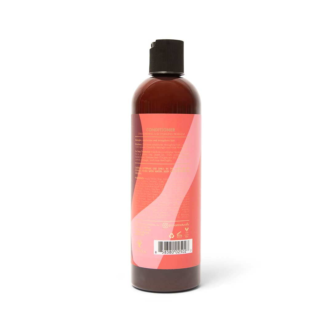Bagsiden af As I Am Long & Luxe Conditioner (355 ml) viser ingrediensliste, brugsanvisning og anden produktinformation.