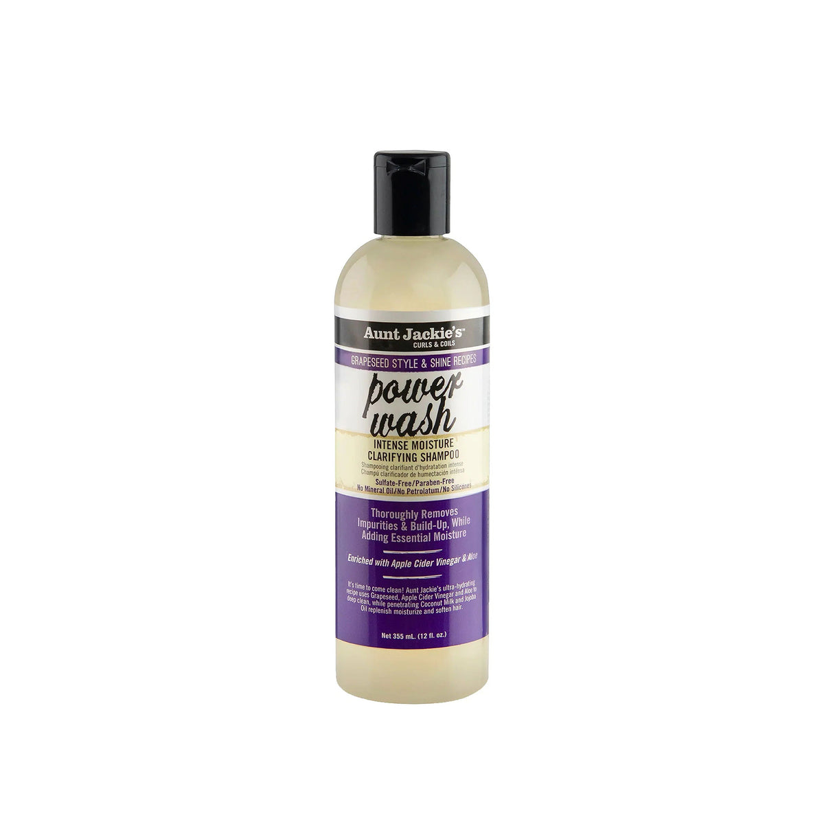 Aunt Jackie's Power Wash Intense Moisture Clarifying Shampoo i en klar flaske med sort låg. 