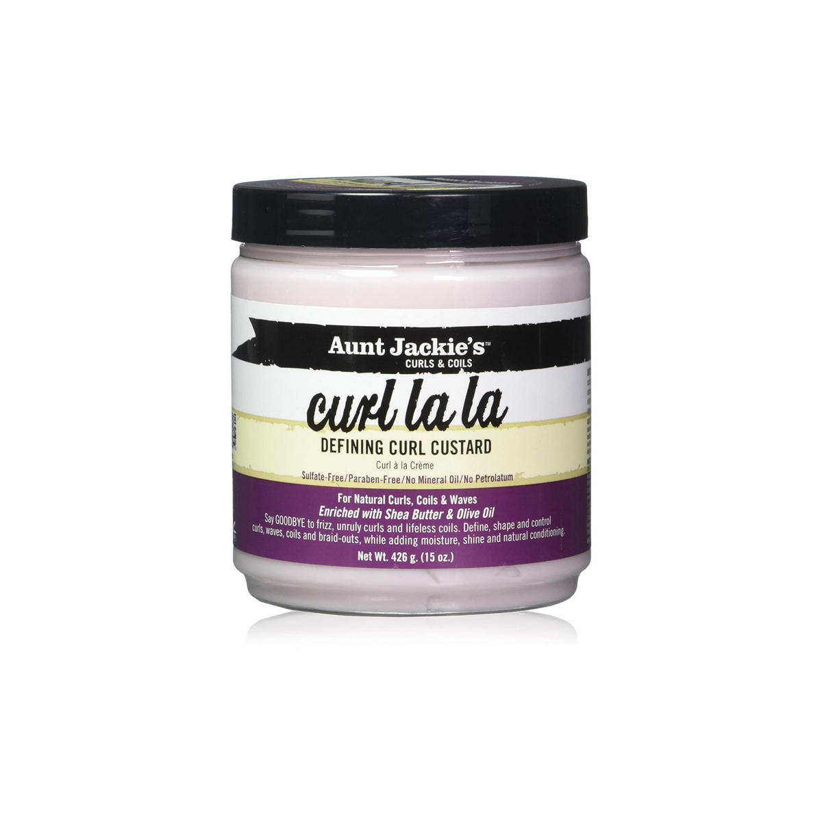 Aunt Jackie's Curl La La Defining Curl Custard i klar bøtte med sort låg. 