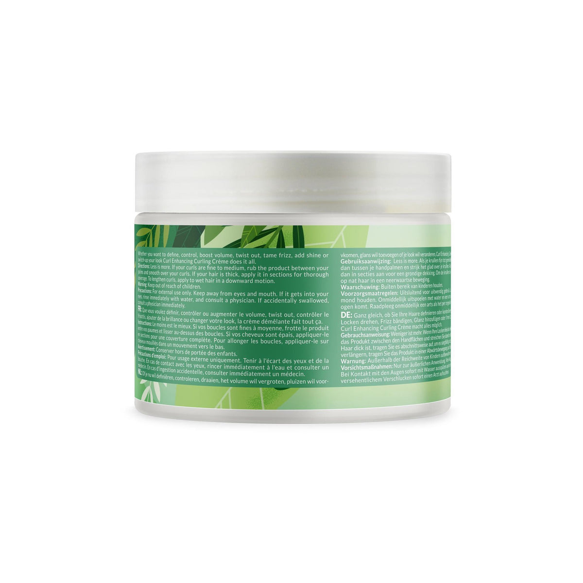 Bagsiden af Moistful Curl Curl Enhancing Curling Crème (360g) viser brugsanvisning, ingrediensliste og information på flere sprog (engelsk, hollandsk, tysk og fransk).
