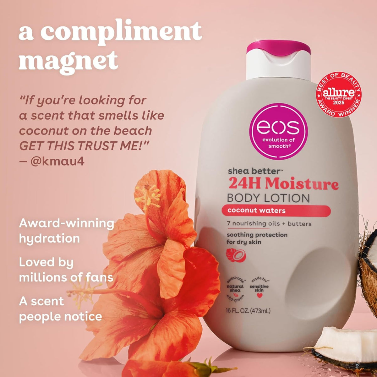 eos Shea Better 24H Moisture Body Lotion i coconut waters-duft ved siden af orange hibiskusblomst og friskskåret kokosnød.
