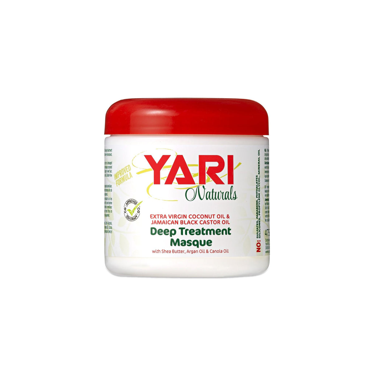 YARI Naturals Deep Treatment Masque (475 ml). Hvid dåse i plast med rødt låg. Indeholder kokosolie, jamaicansk sort ricinusolie, sheasmør, argan- og canolaolie.