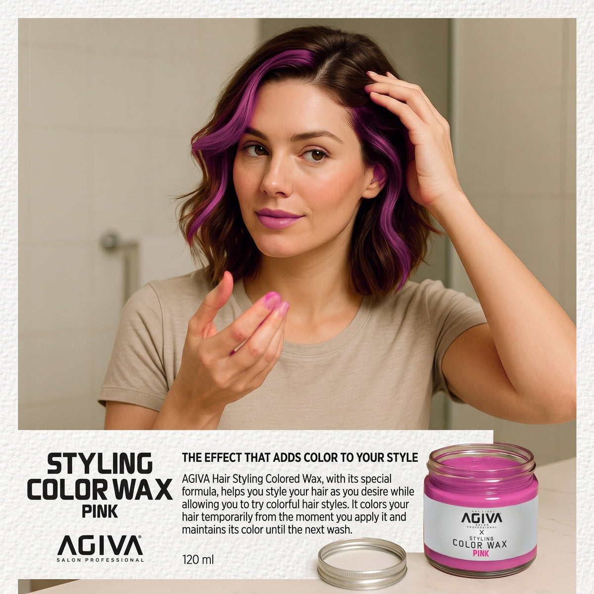 Kvinde med brunt hår og lyserøde strøg påfører AGIVA Styling Color Wax Pink foran spejl.