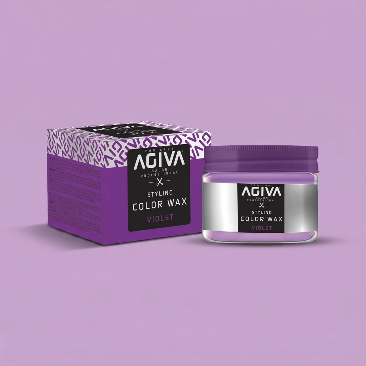 Agiva Styling Color Wax Violet i lilla emballage og glas med lilla låg på lyslilla baggrund.