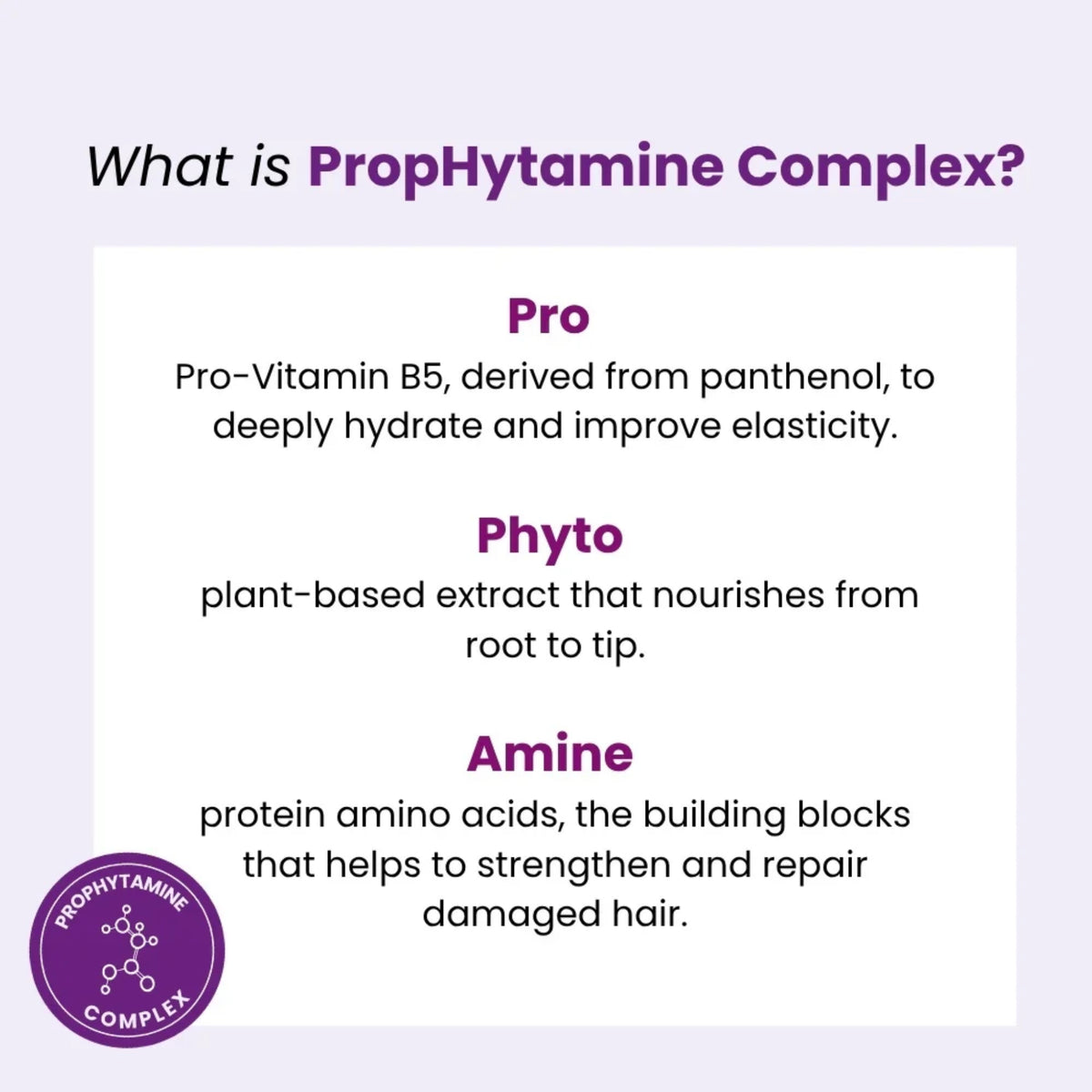 Infografik om PropHytamine Complex med lilla tekst, der forklarer Pro-Vitamin B5, plantebaseret Phyto-ekstrakt og styrkende amino-syrer til hår.