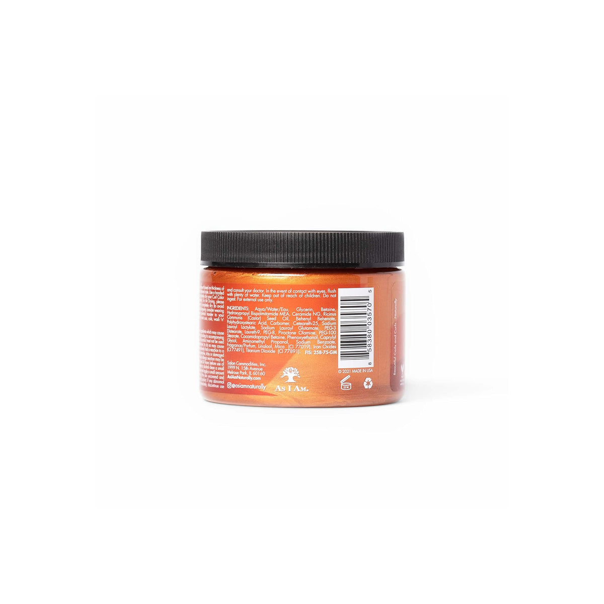 Bagsiden af As I Am Curl Color Copper, der viser ingredienslisten og brugsanvisningen.