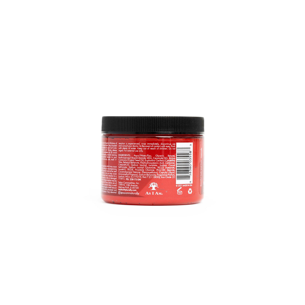 As I Am Curl Color Hot Red - bagsiden med ingredienser (Aqu/Water/Eau, Glycerin, Ceramide NG) og sikkerhedsanvisninger.