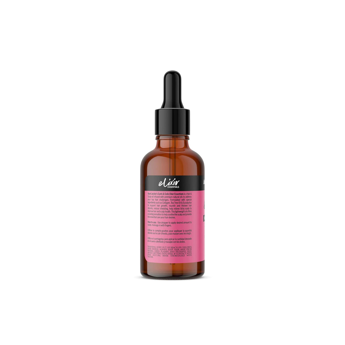 Bagsiden af Aunt Jackie's Elixir Hair & Scalp Oil (59 ml): Viser ingrediensliste og brugsanvisning.