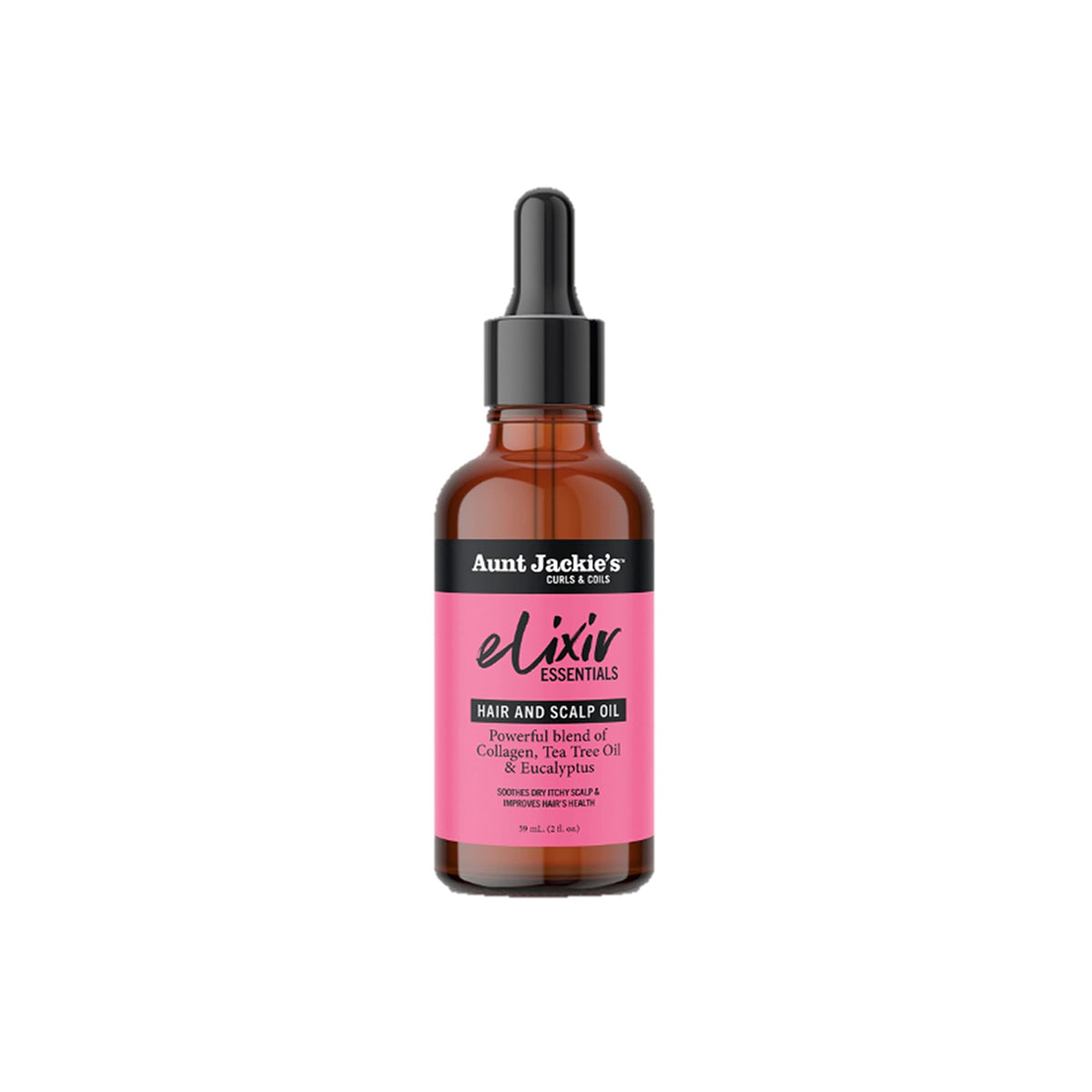 En flaske Aunt Jackie's Elixir Hair & Scalp Oil med pipette.