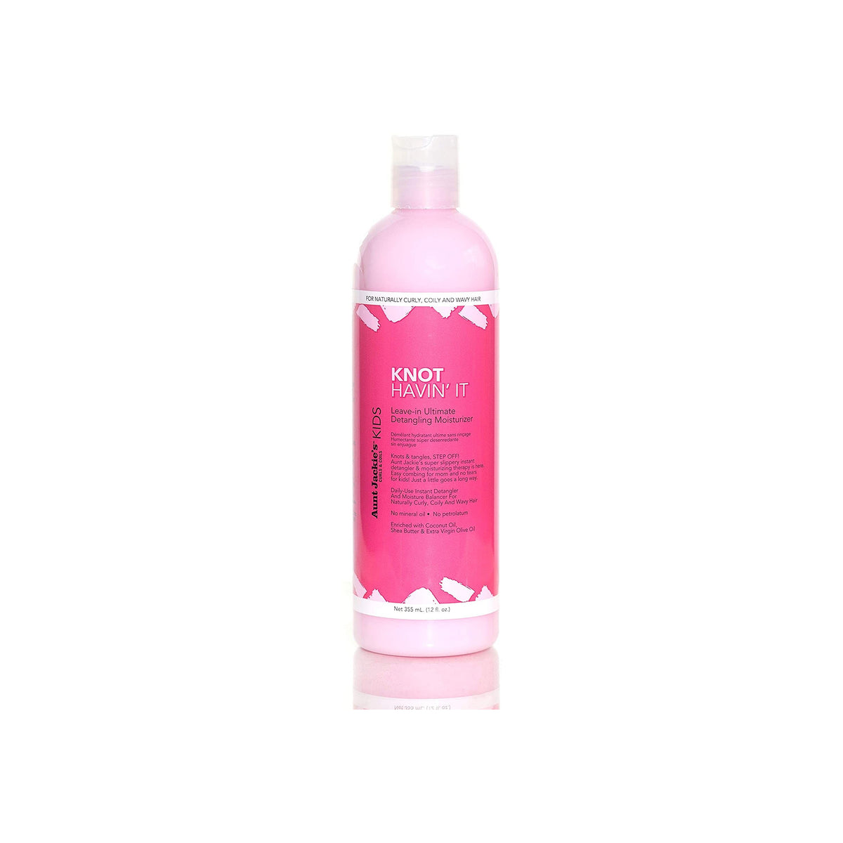 Aunt Jackie's Kids Knot Havin' It Leave-In Ultimate Detangling Moisturizer, en lyserød flaske med leave-in balsam til børn.