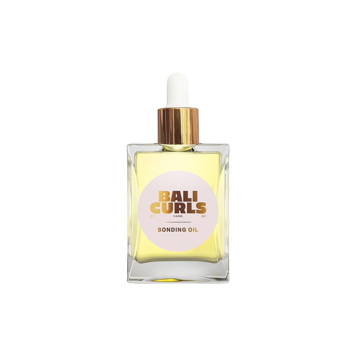 Bali Curls Bonding Oil 30ml i firkantet glasflaske med gylden pipette og lyserød etiket med gyldenbrun tekst.