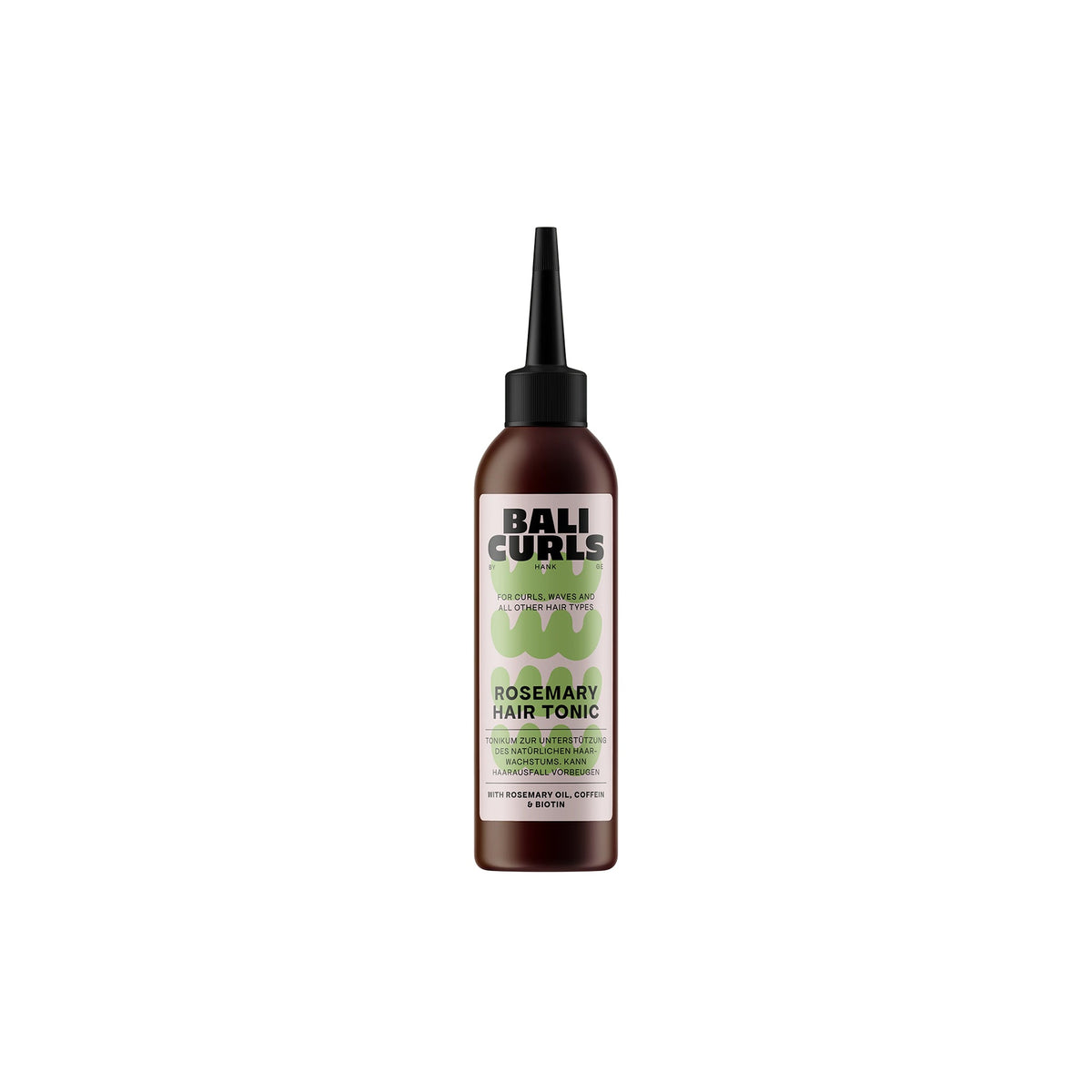 Brun flaske med BALI CURLS Rosemary Hair Tonic med grøn label og sort spids, ideel til krøllet og bølget hår.