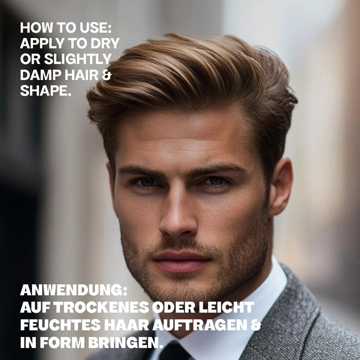 Mand med stylet hår og skæg i jakkesæt, stylet med Bali Gents Matt Paste 100ml for et mat og formfast look.