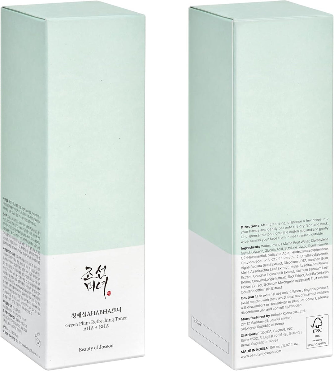 Lysegrøn æske til Beauty of Joseon Green Plum Refreshing Toner: AHA + BHA 150ml med minimalistisk design og sort tekst.