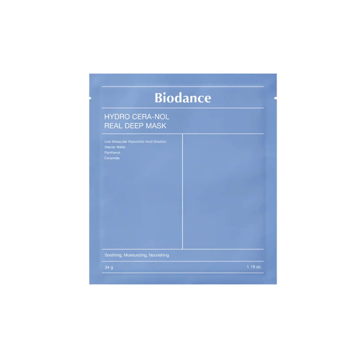 Blå indpakning af Biodance Hydro Cera-nol Real Deep Mask med fugtgivende og nærende ingredienser trykt på forsiden.