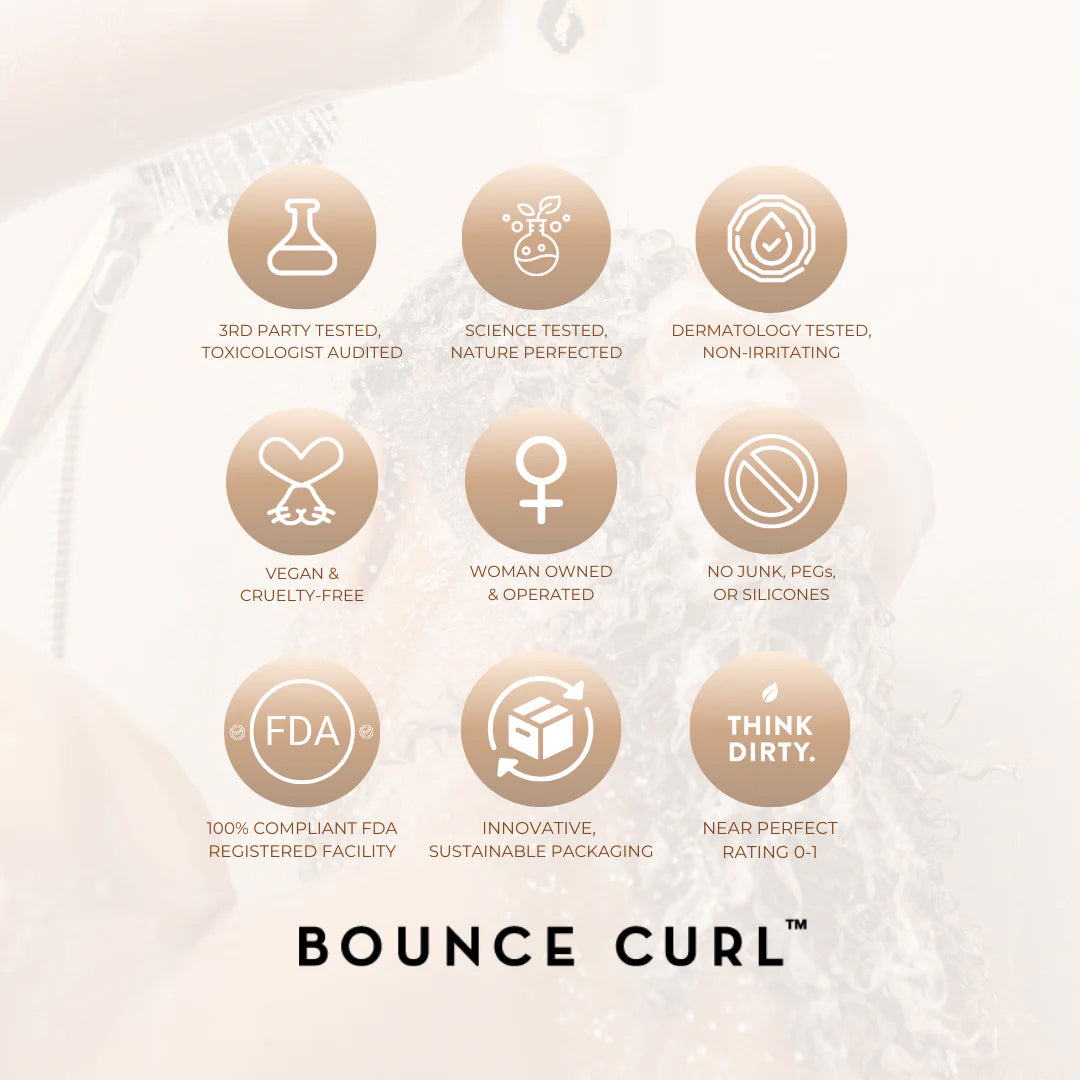 Ikoner fremhæver Bounce Curl Light Oil 100mls veganske, silikonefri og dermatologisk testede formler.