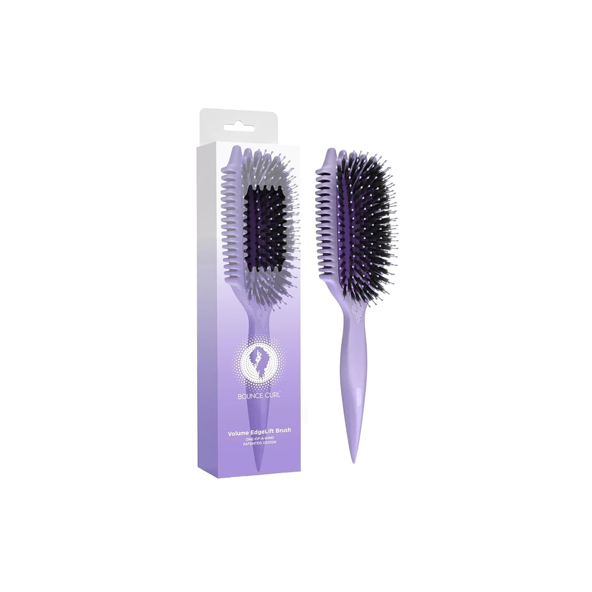 Lyselilla Bounce Curl Volume EdgeLift Brush Purple med sorte børstepigge vist ved siden af tilhørende æske i mat lilla nuance.