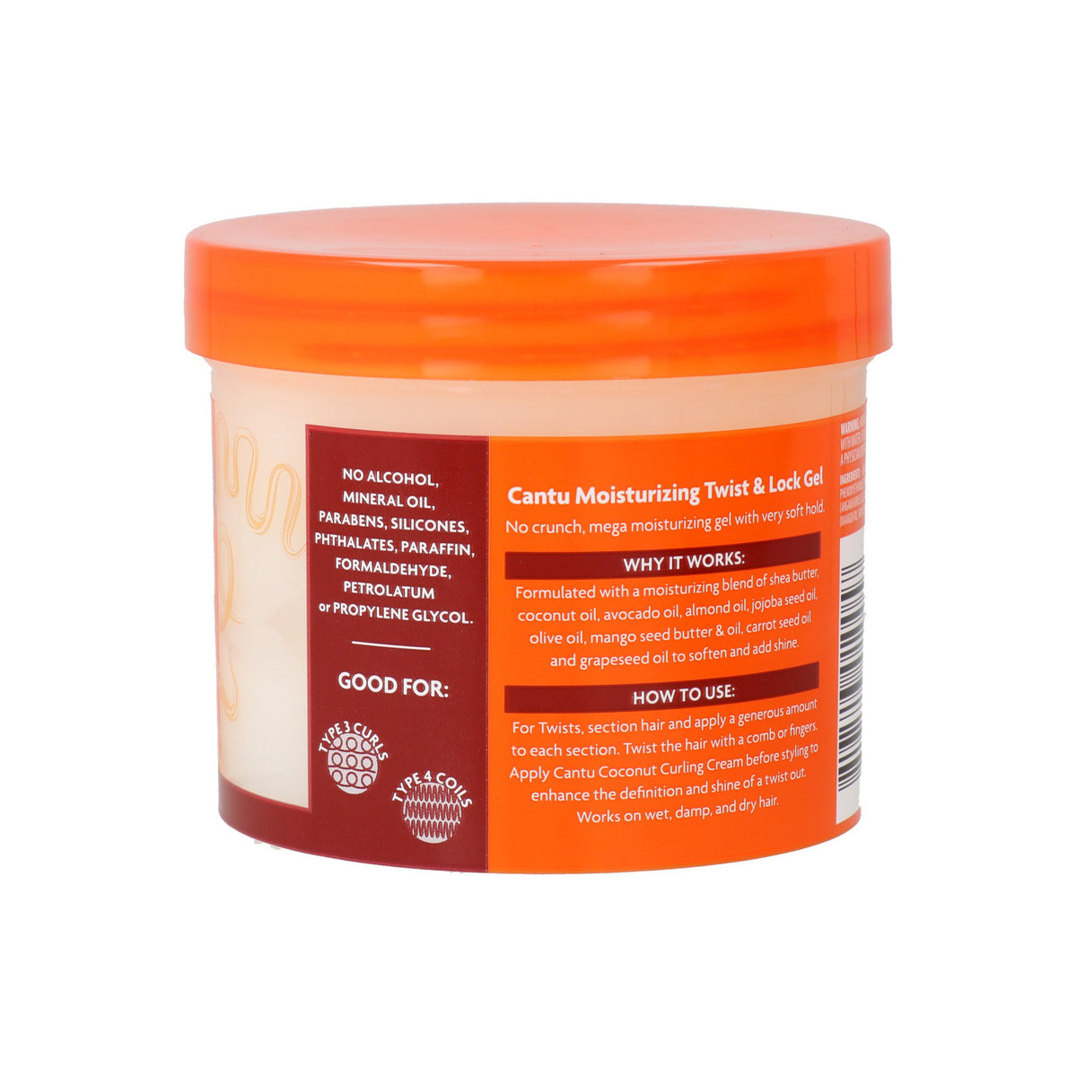 Bagside af Cantu Shea Butter Moisturizing Twist & Lock Gel, der viser ingredienser og brugsanvisning.