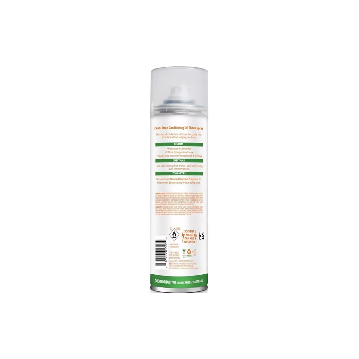Bagside af sprayflaske med Cantu Shea Butter Oil Sheen Deep Conditioning Spray, der viser ingredienser og brugsanvisning.
