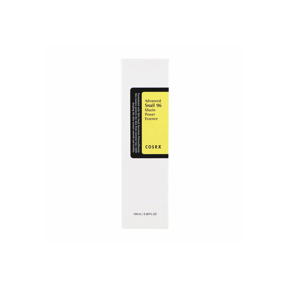 Hvid æske med Cosrx - Advanced Snail 96 Mucin Power Essence og gul label set forfra på hvid baggrund.