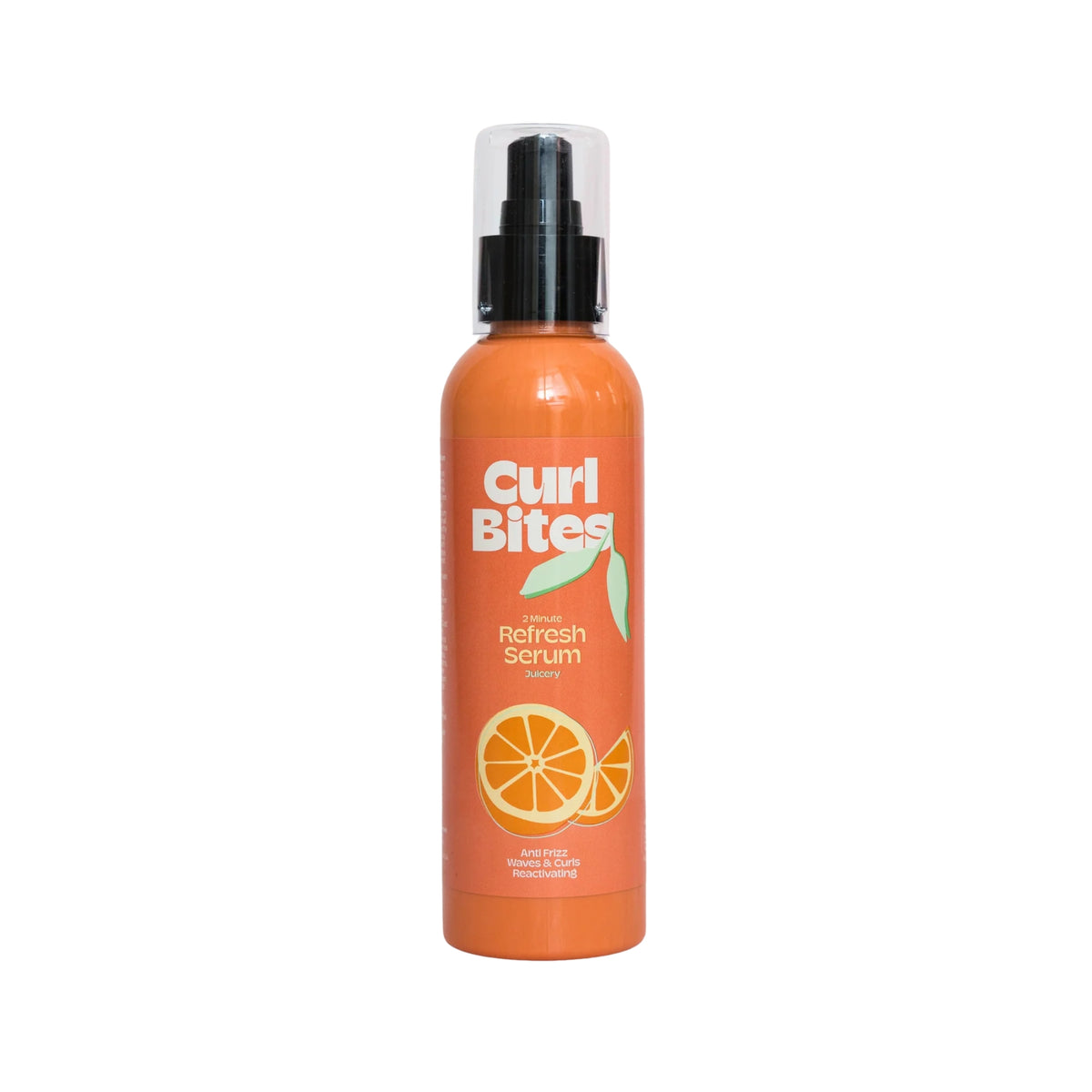 Curl Bites 2 Minute Refresh Serum, orange pumpeflaske med appelsinillustration, anti-frizz hårserum.