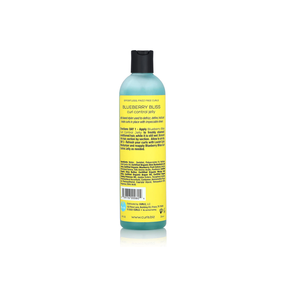 Nærbillede af bagsiden af en flaske Curls Blueberry Bliss Curl Control Jelly, der viser brugsanvisning, ingredienser og anden produktinformation.