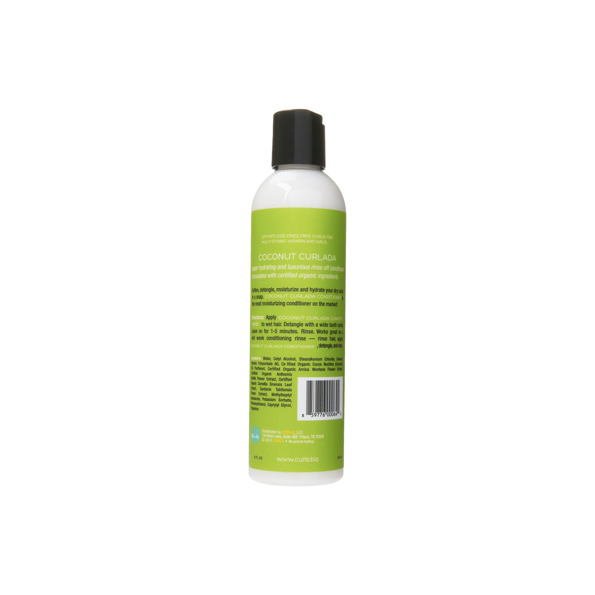 Bagsiden af Curls Coconut Curlada Conditioner (240 ml). Hvid flaske med sort låg og grøn etiket, der viser ingredienslisten og brugsanvisning. Balsam med kokosnød til krøllet hår.