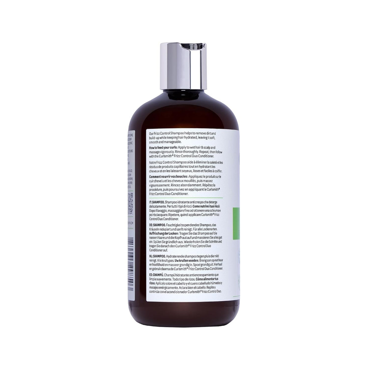 Curlsmith Frizz Control Shampoo i brun flaske med sølvlåg, bagside med brugsanvisning på flere sprog.