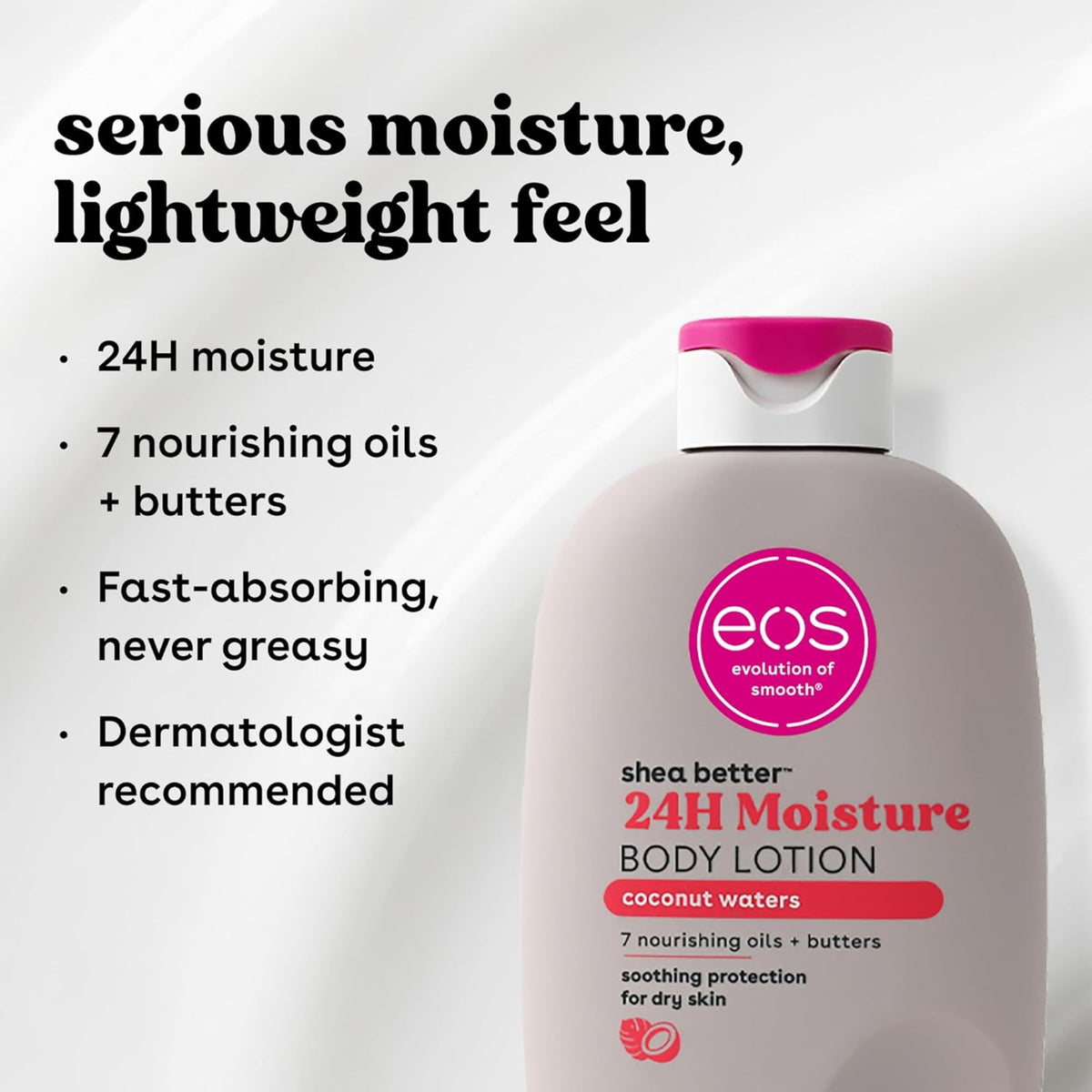 eos Shea Better 24H Moisture Body Lotion i lyserød flaske med lyserødt låg, coconut waters duft.