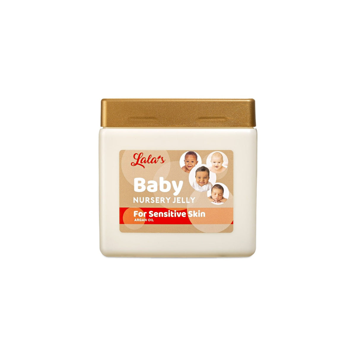 Beholder med Lala's Baby Nursery Jelly (368g) med arganolie, specielt udviklet til sensitiv babyhud.