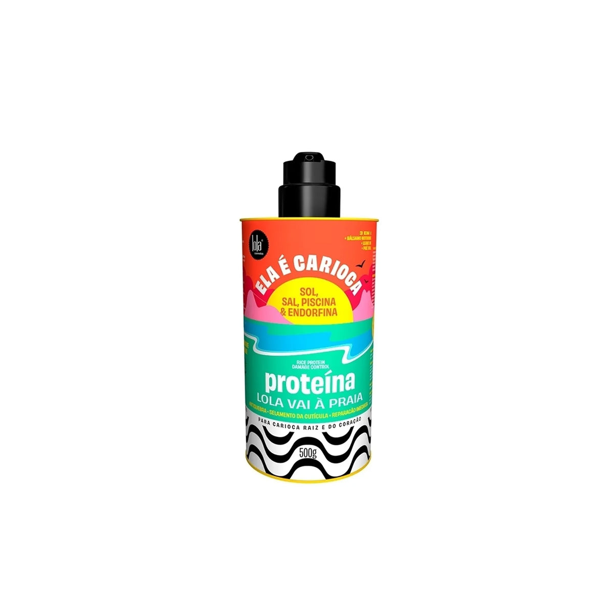Farverig flaske med Lola Ela E Carioca Rice Protein 500ml til hårpleje, designet med strandtema og sort pumpe.