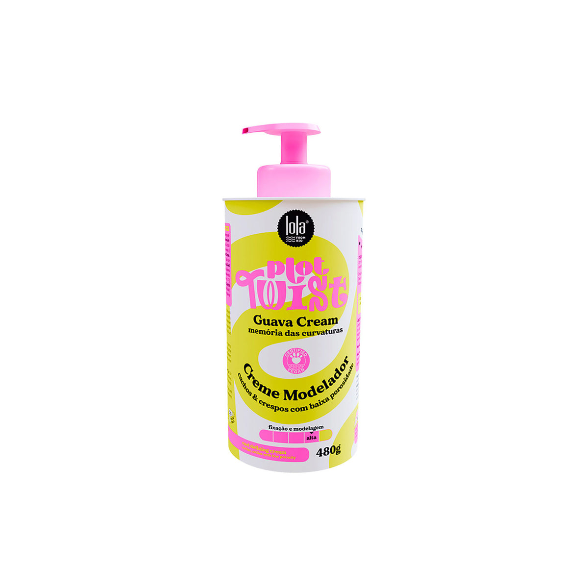Lys pink flaske med pumpe med Lola Plot Twist Guava Cream 280ml til krøllet og kruset hår, stående mod hvid baggrund.