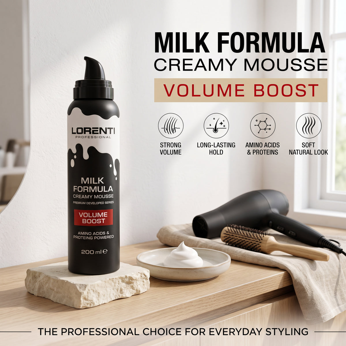 Lorenti Professional Milk Formula creamy mousse volume boost, sort flaske med hvid skumprøve, hårføner og børste på træbord.