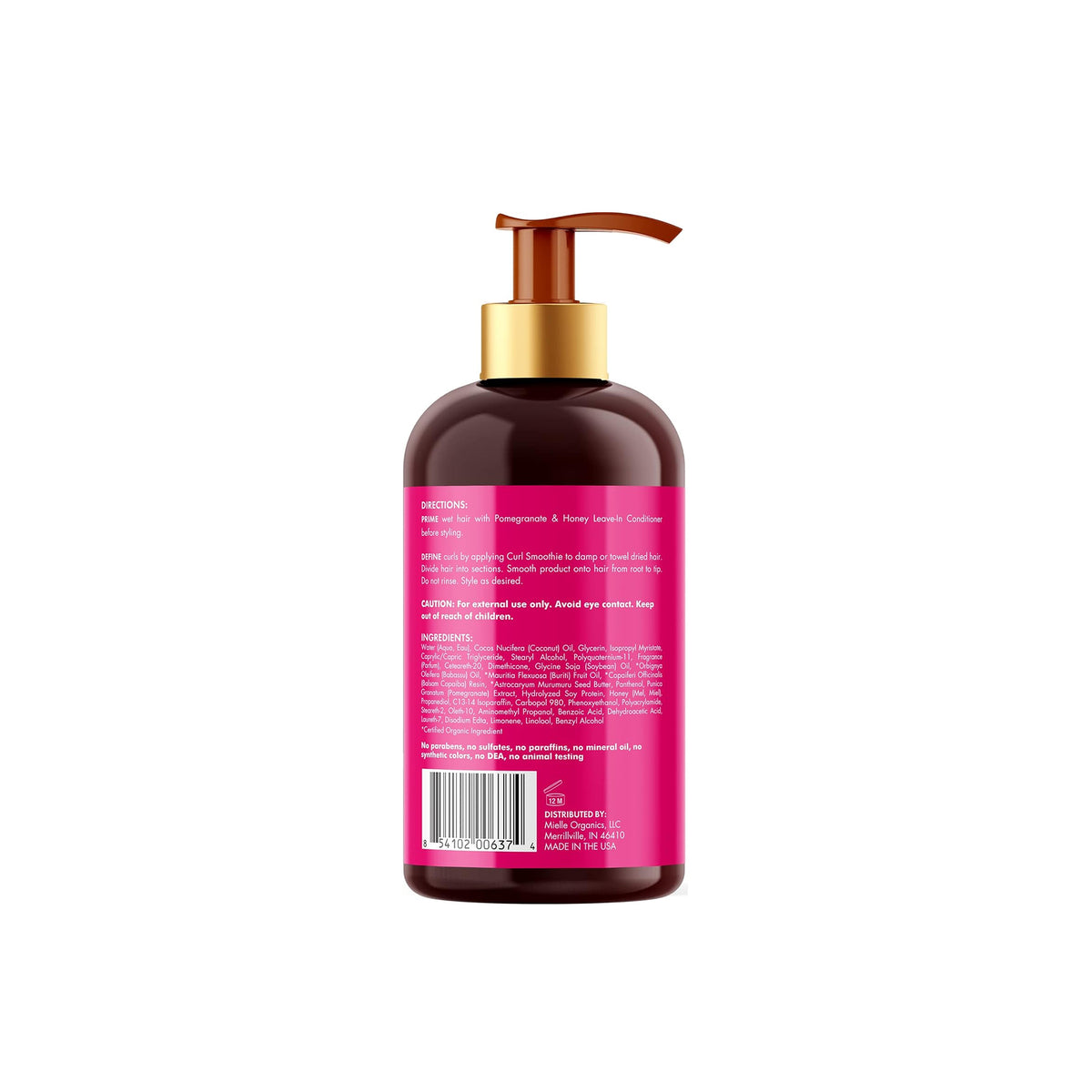 Bagsiden af Mielle Pomegranate & Honey Curl Smoothie (355 ml) viser ingredienser, brugsanvisning til krøllet hår og "fri for"-information.