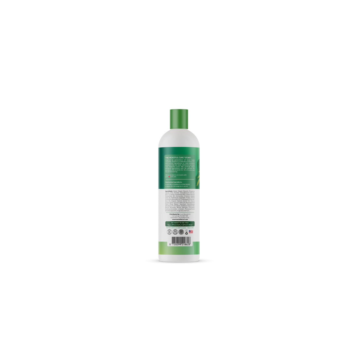 Etiketten på bagsiden af Moistful Curl Curl Enhancing Curl Activator Lotion (473ml) indeholder ingrediensliste, brugsanvisning og yderligere information.