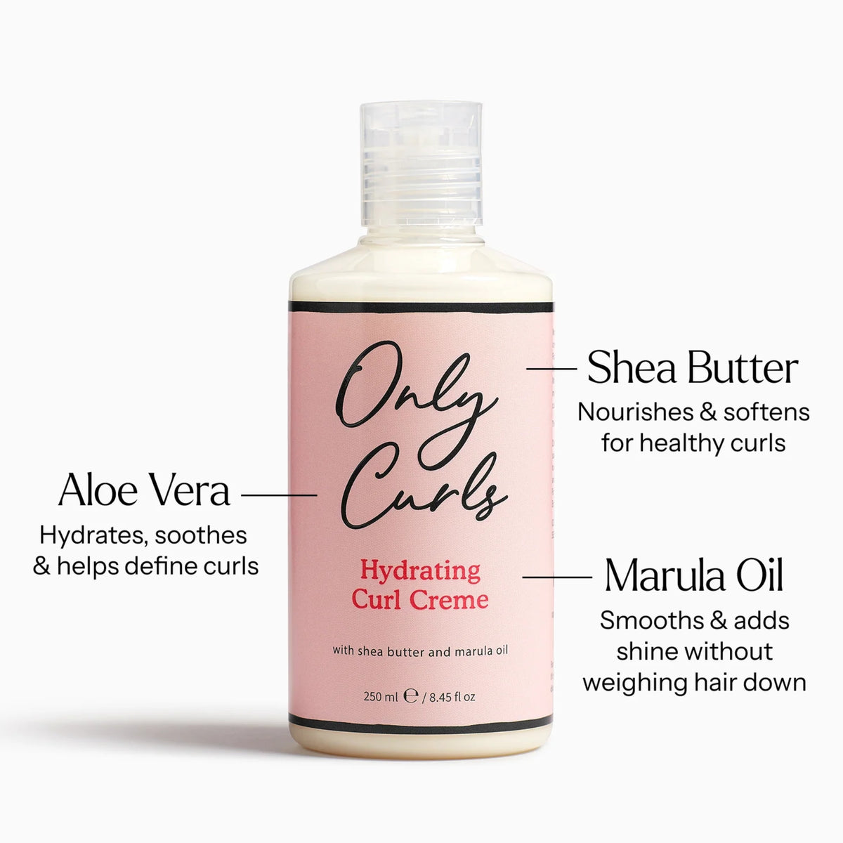 Only Curls Hydrating Curl Creme, 250 ml flaske med aloe vera, sheasmør og marulaolie mod tørt hår.