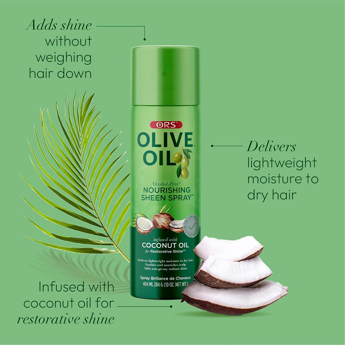 ORS Olive Oil Nourishing Sheen Spray med kokosolie. Billedet viser produktet med en kokosnød og et palmeblad, der fremhæver de naturlige ingredienser og lette fugt.