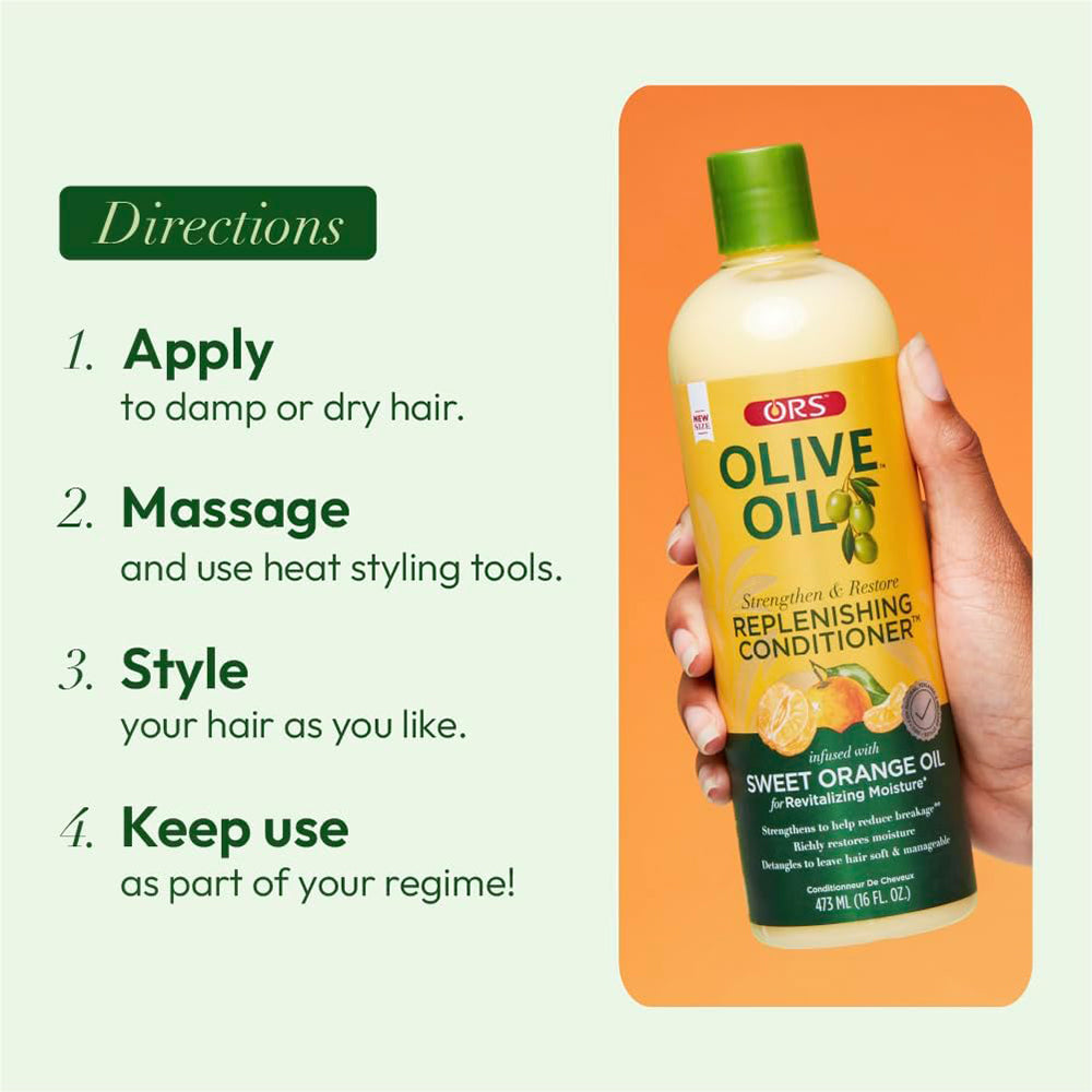 ORS Olive Oil Strengthen & Restore Replenishing Conditioner (473 ml) med sød appelsinolie. Brugsanvisning: Påfør, massér og style for at styrke, fugte og blødgøre håret.