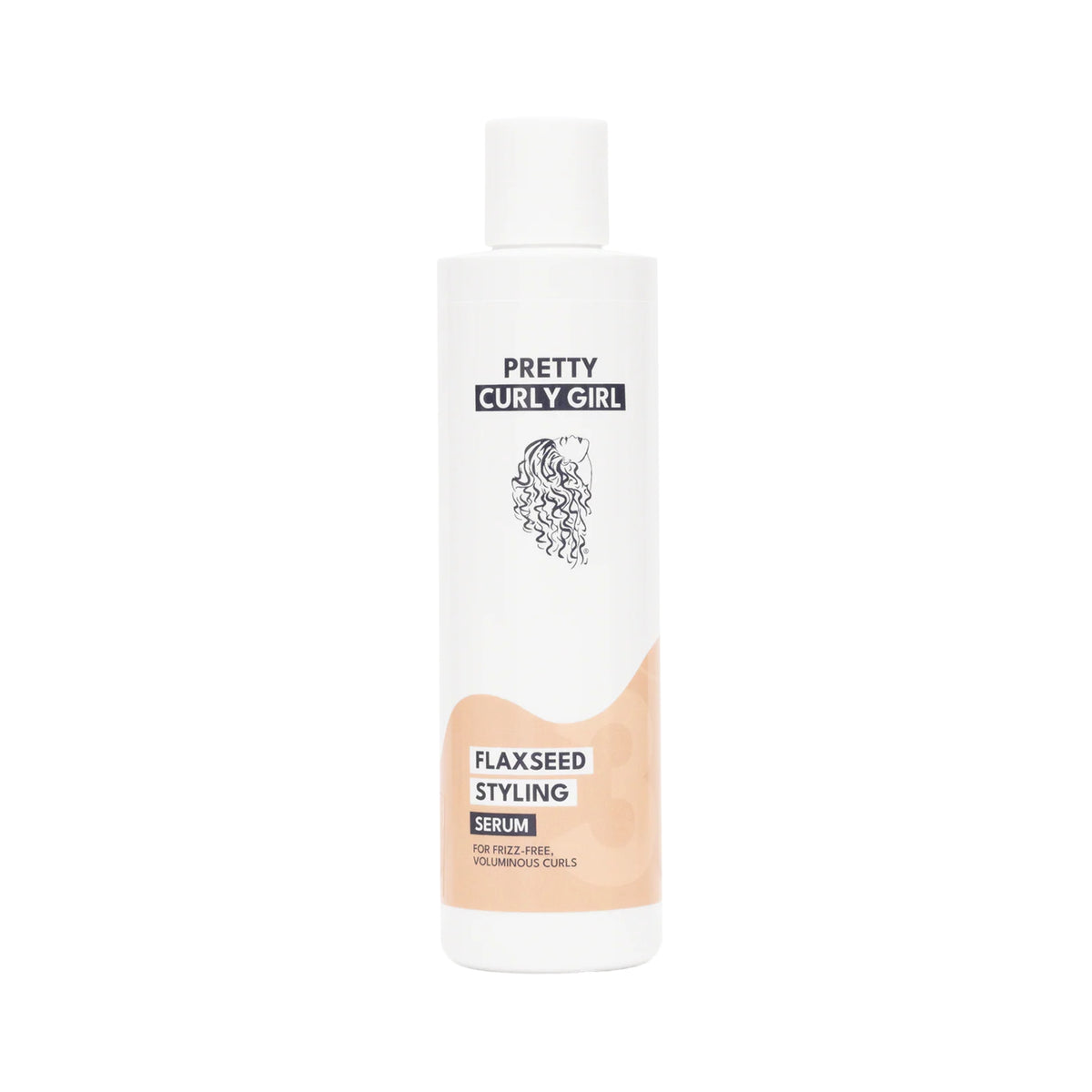 Hvid flaske Pretty Curly Girl Flaxseed Styling Serum med orange etiket til frizz-frie, voluminøse krøller.