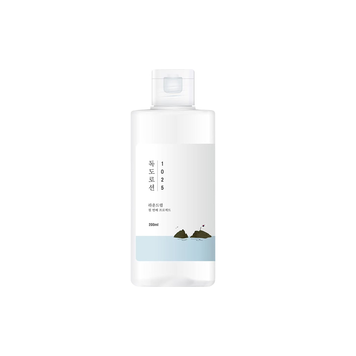 Gennemsigtig flaske med Dokdo Lotion 1025, 200ml, med minimalistisk design og illustration af klipper i blåt hav.