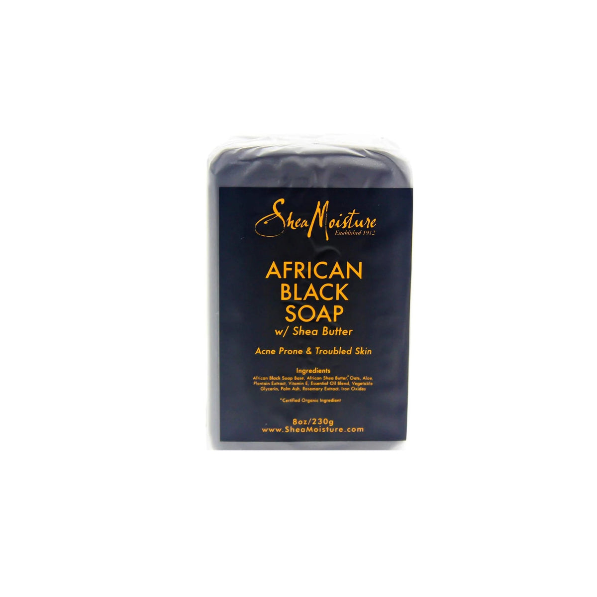 Shea Moisture African Black Soap, 230g. Sort sæbe i indpakning, velegnet til uren hud.