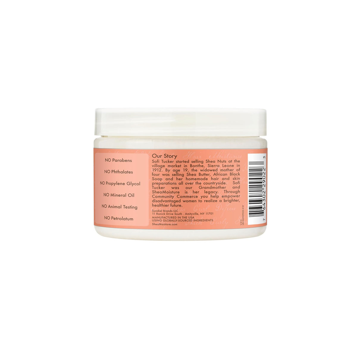 Bagsiden af Shea Moisture Coconut & Hibiscus Curl Enhancing Smoothie (340 g), der viser information om ingredienser, der ikke er i produktet, brandets historie og kontaktoplysninger.