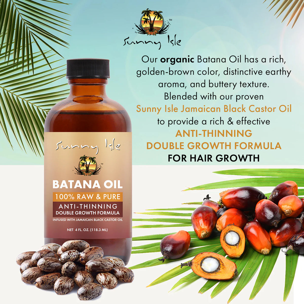 Flaske Sunny Isle Batana Oil Infused with Jamaican Black Castor Oil 118ml med nødder og palmefrugter på grønne blade.