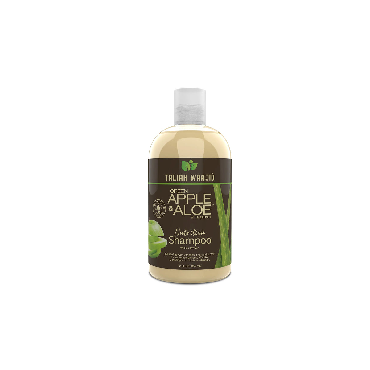 Flaske Taliah Waajid Apple Aloe Shampoo 355ml med grøn æble og aloe vera på mørk brun label.
