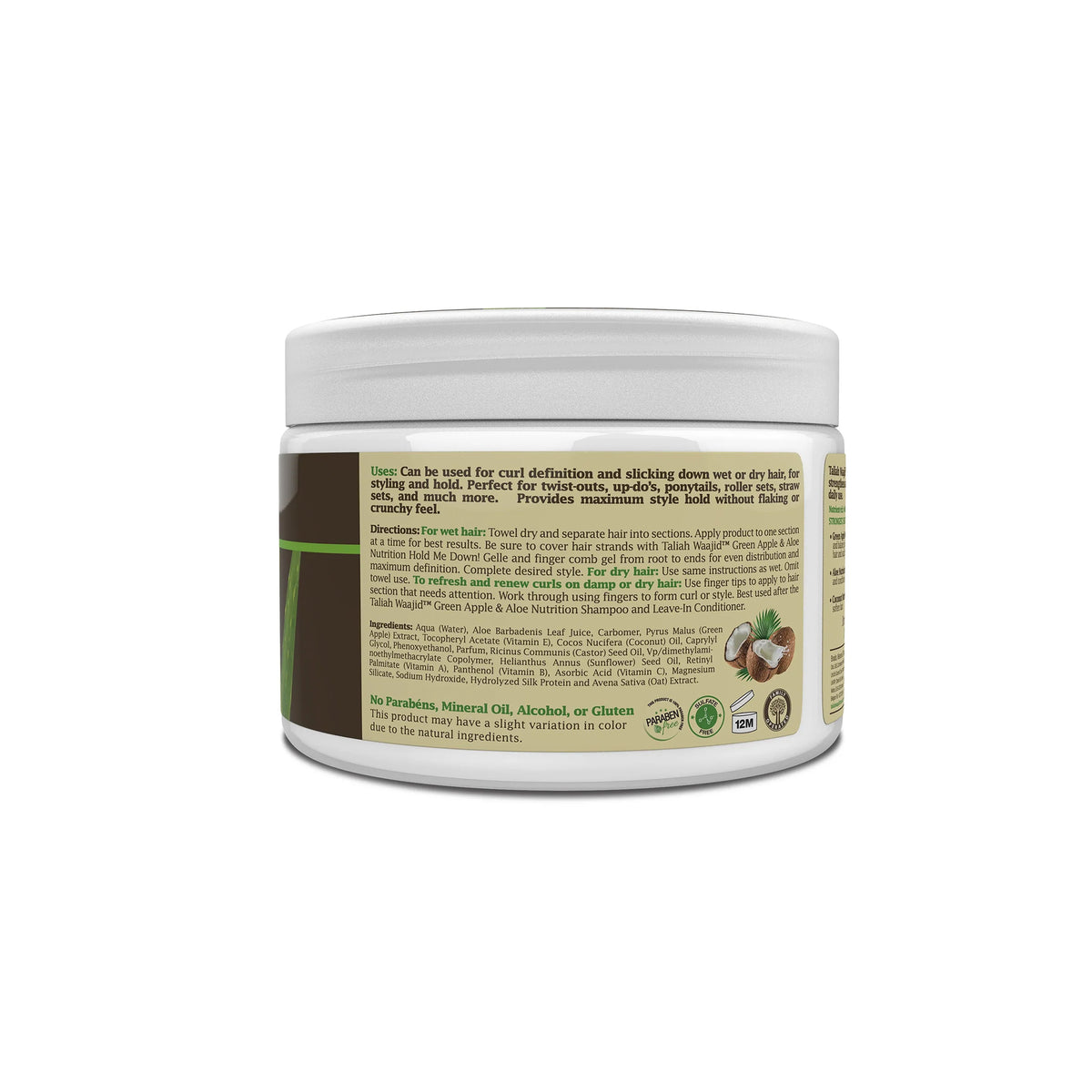 Bagsiden af Taliah Waajid Green Apple & Aloe Nutrition Hold Me Down! Gelle med brugsvejledning og ingrediensliste på beige etiket med kokosillustration.

