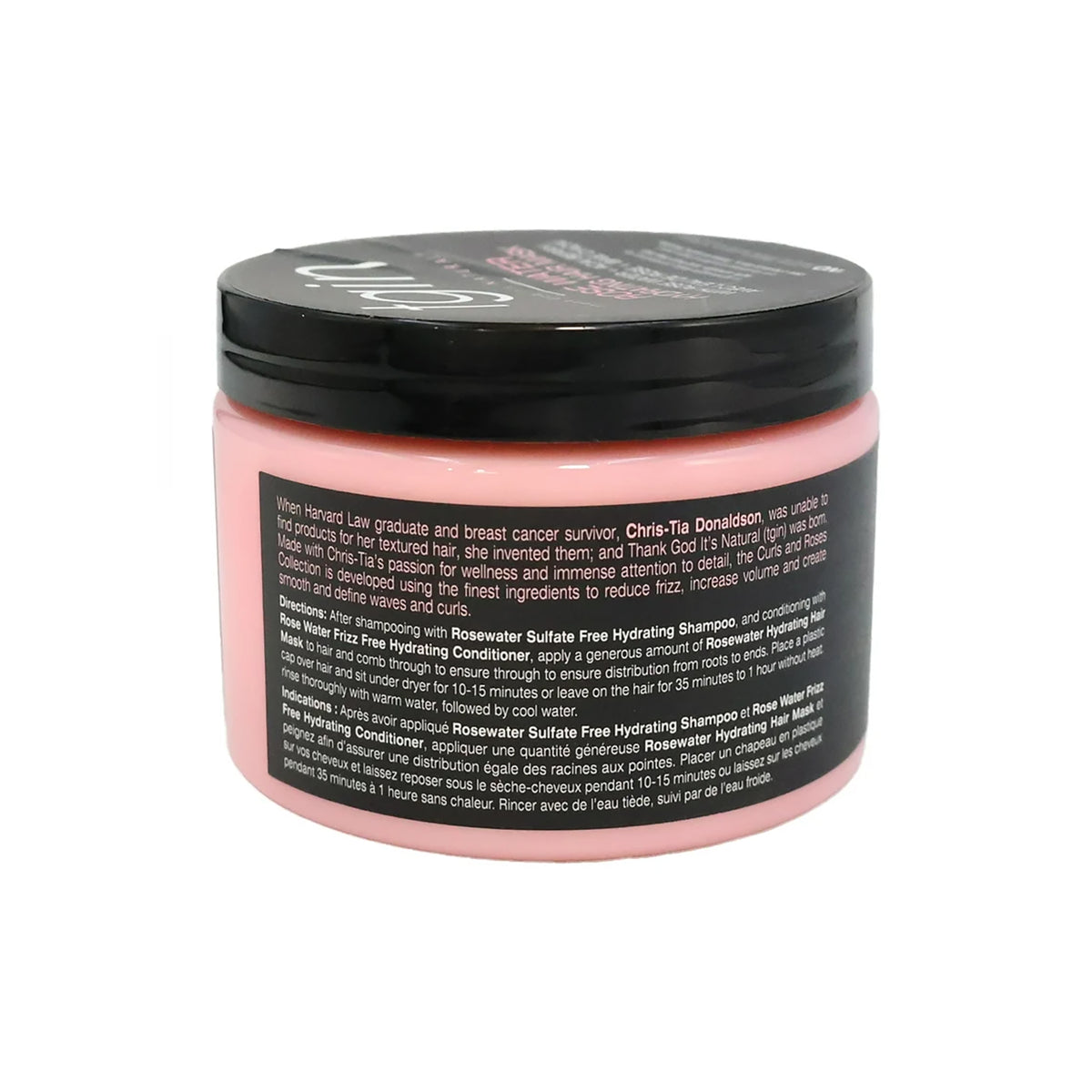 TGIN Rose Water Hydrating Mask 340gr i lyserød beholder med sort låg og beskrivelse af produktets plejende egenskaber på etiketten.