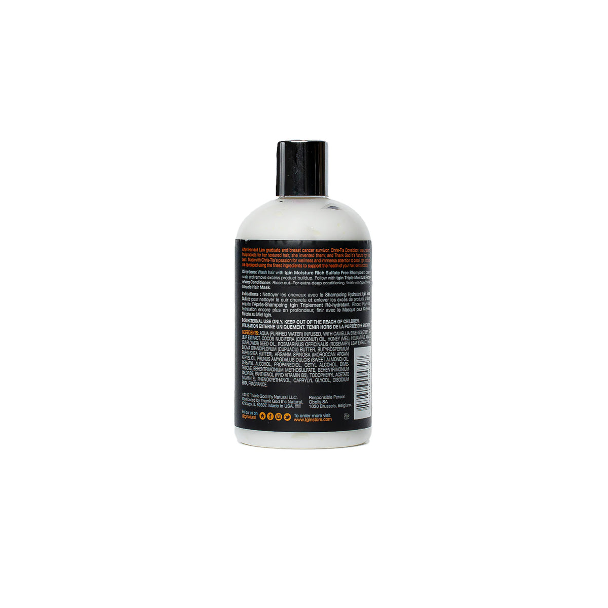 Flaske med TGIN Triple Moisture Replenishing Conditioner 384ml vist bagfra med sort låg og ingrediensliste i hvid og orange tekst.
