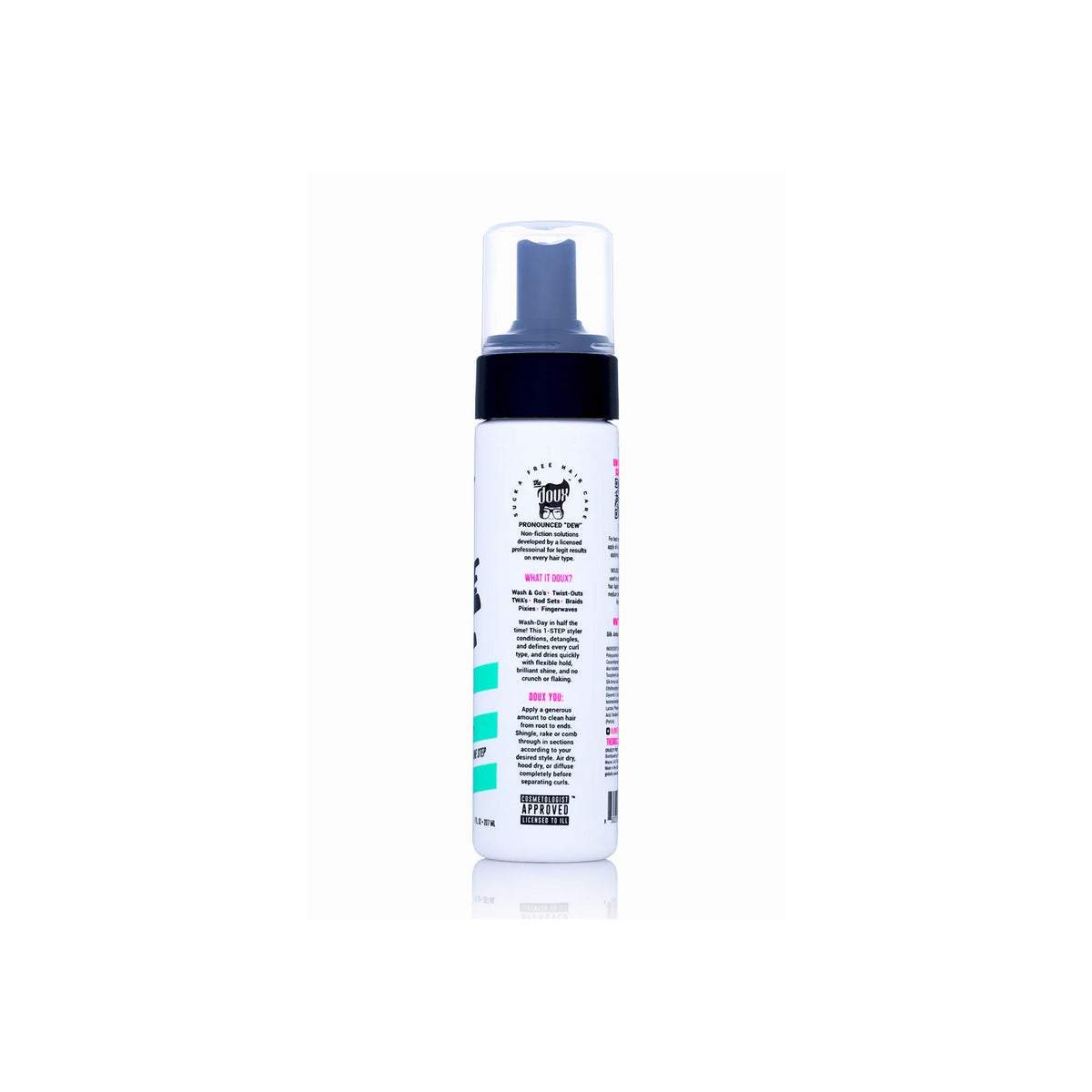 Bagsiden af en hvid flaske med sort pumpe og transparent låg indeholdende The Doux Fresh Mousse Def Texture Foam. Etiketten indeholder ingrediensliste, brugsanvisning og markedsføringstekst om produktets fordele.