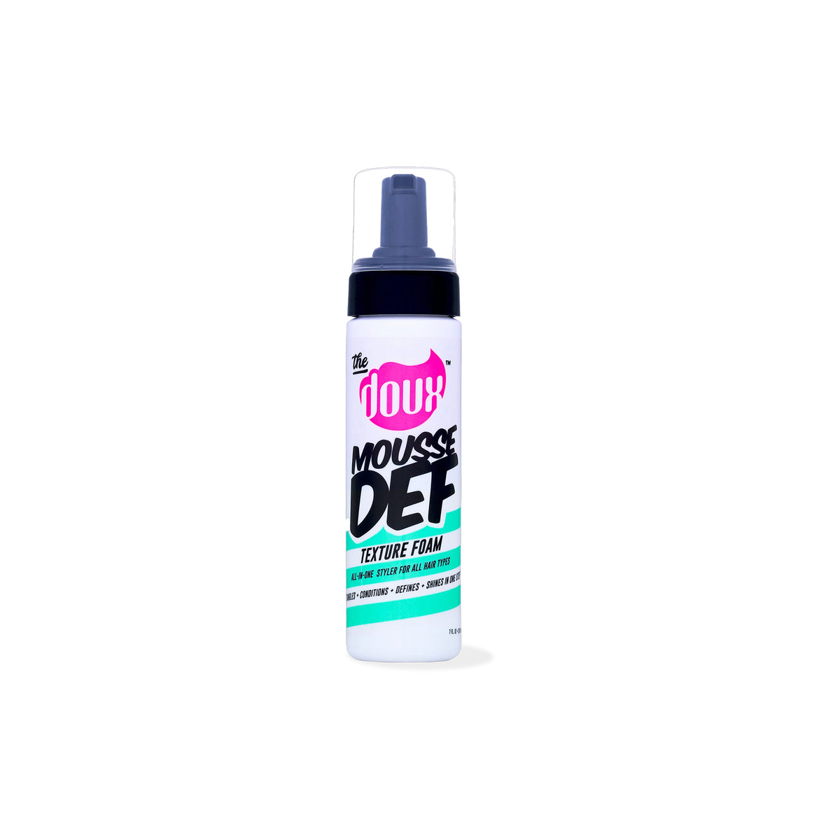 Hvid flaske med sort pumpe og transparent låg indeholdende The Doux Fresh Mousse Def Texture Foam. Etiketten er pink, sort og turkis.