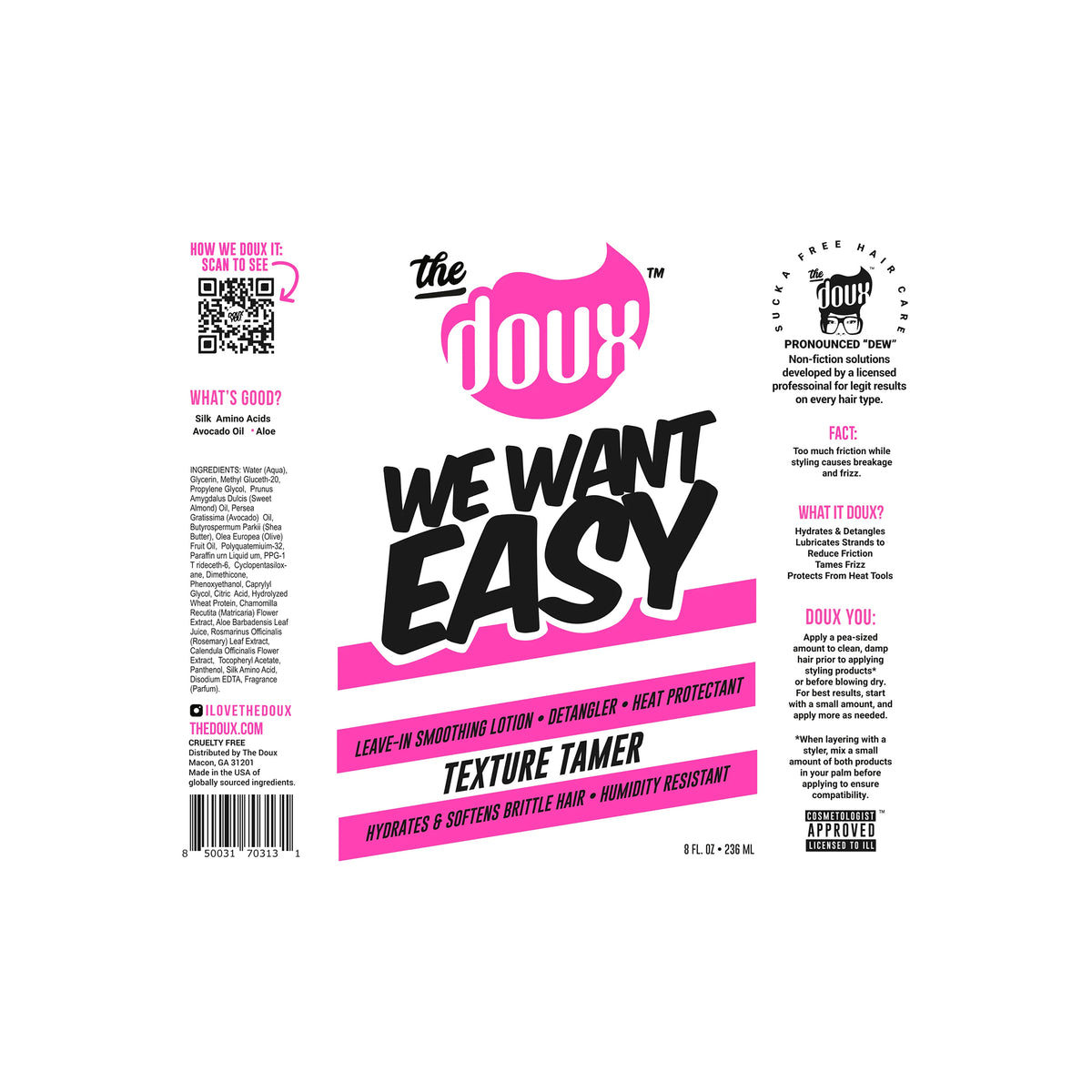 Bagsiden af en hvid flaske med sort låg indeholdende The Doux We Want Easy Texture Tamer. Etiketten indeholder en QR-kode, ingrediensliste, brugsanvisning, og markedsføringstekst.